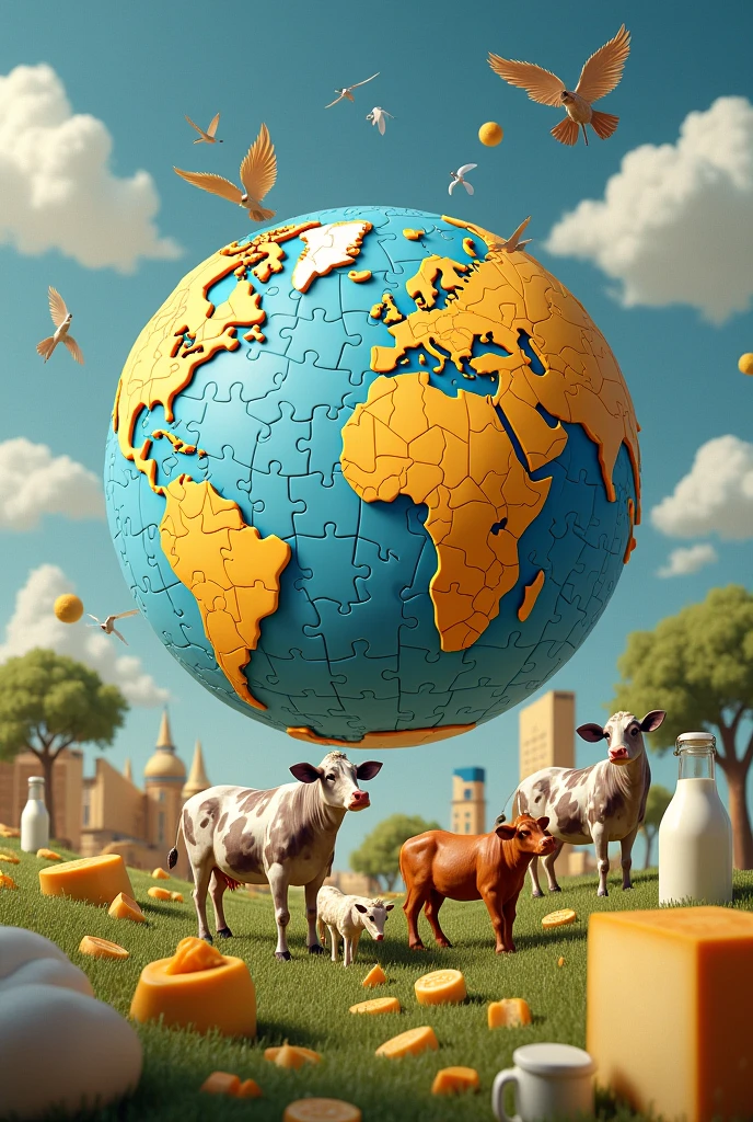 World in puzzle and cheese with cows around and surrounded by dairy products around the world