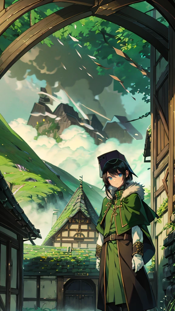 yuichiro hyakuya girl, (WithoutFear:1), 1 girl, black hair, green eyes, brown coat, gray armor, elves, sylvan, green shield, green cloak, dark brown gloves, forest, white fur trim, anime, standing, good quality, portrait, looking at viewer