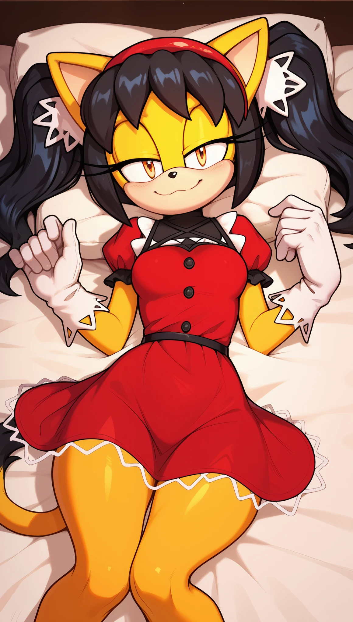 Seductive expression, 1girl, cute smile, anthro, furry, fur, fluffy fur, honey the cat, sonic (series), black hair, twintails, frilly hairbands, red dress, red hairband, (19 years), medium breast, thick thighs, solo, (bedroom), detailed, smug smile, half-closed eyes, laying on bed, looking at the viewer, score_9, score_8_up, score_7_up, score_6_up, score_5_up, score_4_up
