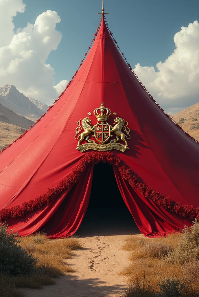 A red tent with a royal coat of arms