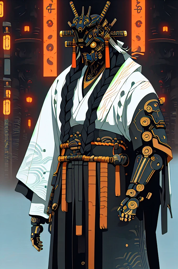 masculine male samurai, strong stature, mechanical body, futuristic kimono, cyberpunk aesthetic, long masculine braided hair, high fantasy environment, feudal Japan, high-tech Zen Garden, futuristic samurai armor, high quality, drawn anime style