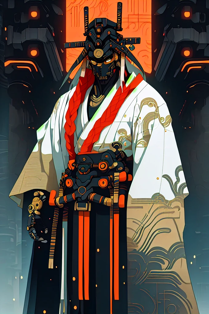 masculine male samurai, strong stature, mechanical body, futuristic kimono, cyberpunk aesthetic, long masculine braided hair, high fantasy environment, feudal Japan, high-tech Zen Garden, futuristic samurai armor, high quality, drawn anime style