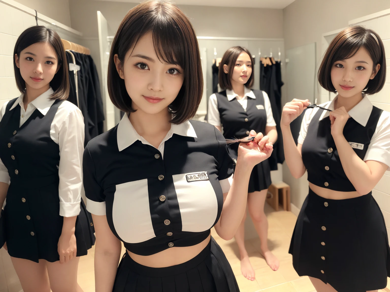 masterpiece, Highest quality, figure, Very detailed, The finer details, High resolution, 8k,wallpaper, Perfect dynamic composition,(Detailed high quality, Realistic depiction of eyes:1.3),(A tight-fitting waitress uniform with buttons on the collar and chest), Seraphim, Short Bob Hair, The background is an empty changing room, Deep in the field, Black hair color, Big Natural Color Lip, (Perfect figure), (smile)、Harajuku Style, Adorable expression、Expressions of happiness、Amazingly cute、Cute type、Beautiful feet, Idol Sculpture、(Changing clothes in the changing room:1.5)、(In the process of taking off clothes:1.5)、Big Breasts