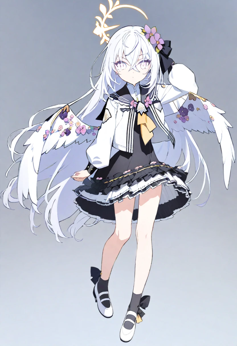 azusa \(blue archive\),1girl ankle_socks arm_at_side black_bow black_dress black_sailor_collar black_socks blue_hair bow bow_legwear closed_mouth cropped_jacket crossed_bangs dot_mouth dot_nose dress dress_bow dress_flower feathered_wings flower frilled_dress frilled_socks frills from_side full_body gradient_hair grey_background hair_between_eyes hair_bow hair_flower hair_ornament halo hand_on_own_arm high_heels jacket knees_together_feet_apart long_hair looking_at_viewer low_wings mary_janes multicolored_hair open_clothes open_jacket petticoat purple_flower sailor_collar school_uniform shoes simple_background socks solo standing three_quarter_view very_long_hair white_footwear white_hair white_halo white_jacket white_wings wings