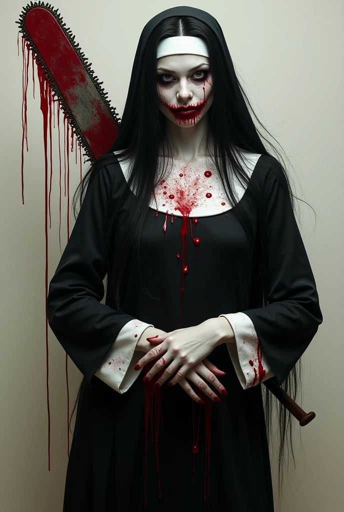 Very Tall white female,black bloody nun outfit,long white gloves,long black hair, insane expression,splattered with blood,bloody chainsaw behind in her hands behind her