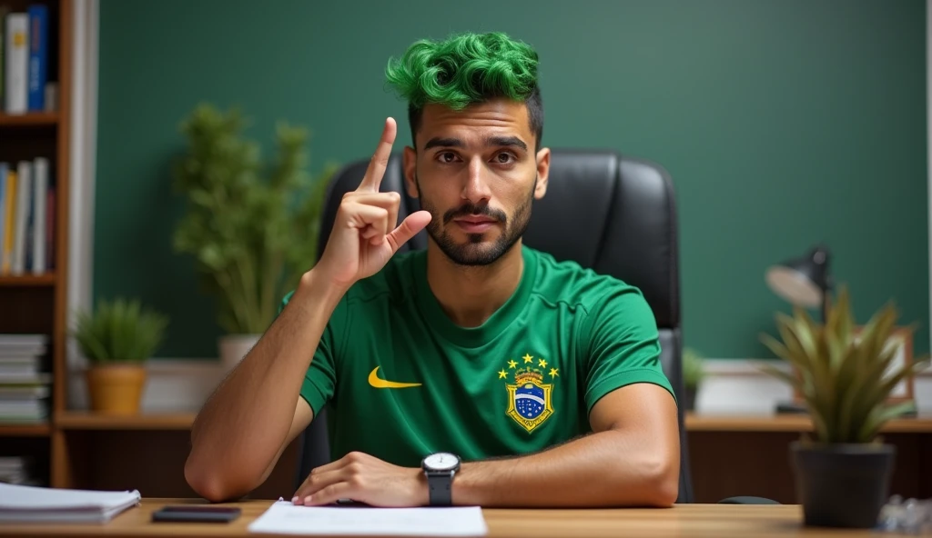 Um homem brasileiro, with green hair, Corinthians shirt, sitting in a desk chair, facing forward with a finger pointing upwards answering a question