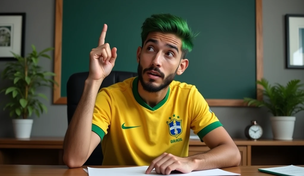 Um homem brasileiro, with green hair, Corinthians shirt, sitting in a desk chair, facing forward with a finger pointing upwards answering a question