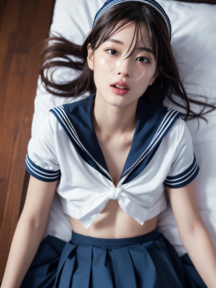 (masterpiece), Very detailed, Ultra-high resolution, Realistic, photo Realistic, High-resolution RAW color photos, Professional photos, Sharp focus, (Very detailed顔と肌の質感, Very beautiful eyes, Glossのある肌, Glowing Skin, Glowing Skin, Shining Face, Gloss, Oily skin, greasy face, Oily skin, greasy face,),, (real Glossのある肌 texture), Perfect Anatomy, Very detailed背景,((Hotel Bed)),(1 female,25-year-old woman, Japanese women),(lean slender body),(short hair, Straight hair, bangs, Brown Hair),(Flat Chest:1.6), (((Short Sleeve White Sailor School Uni形状 、Navy blue pleated skirt:1.5)))、((Sleep on your back:1.3)),(From above:1.4)、(Spread your legs:1.3),((((Cum in vagina:1.6)))),(((Reaching orgasm:1.5)))