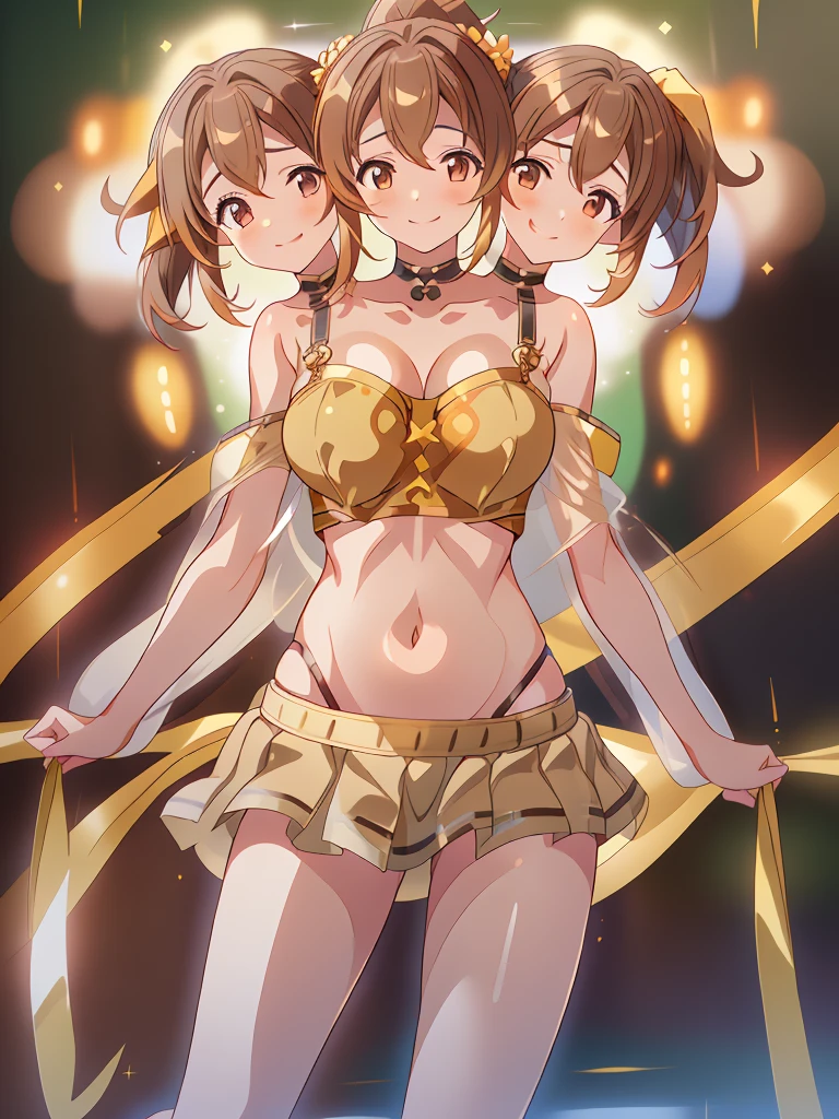 (masterpiece, best quality), best resolution, (3heads:1.5), 1girl, 16k resolution, highres, ultra quality, ultra resolution, ultra detail, FEDelthea, brown hair, ponytail, smiling, soft smile, open belly, gold-brown-white crop top, gold-brown miniskirt, swimsuit attire, open breasts, very huge breasts, sexy pose, adult woman, 
