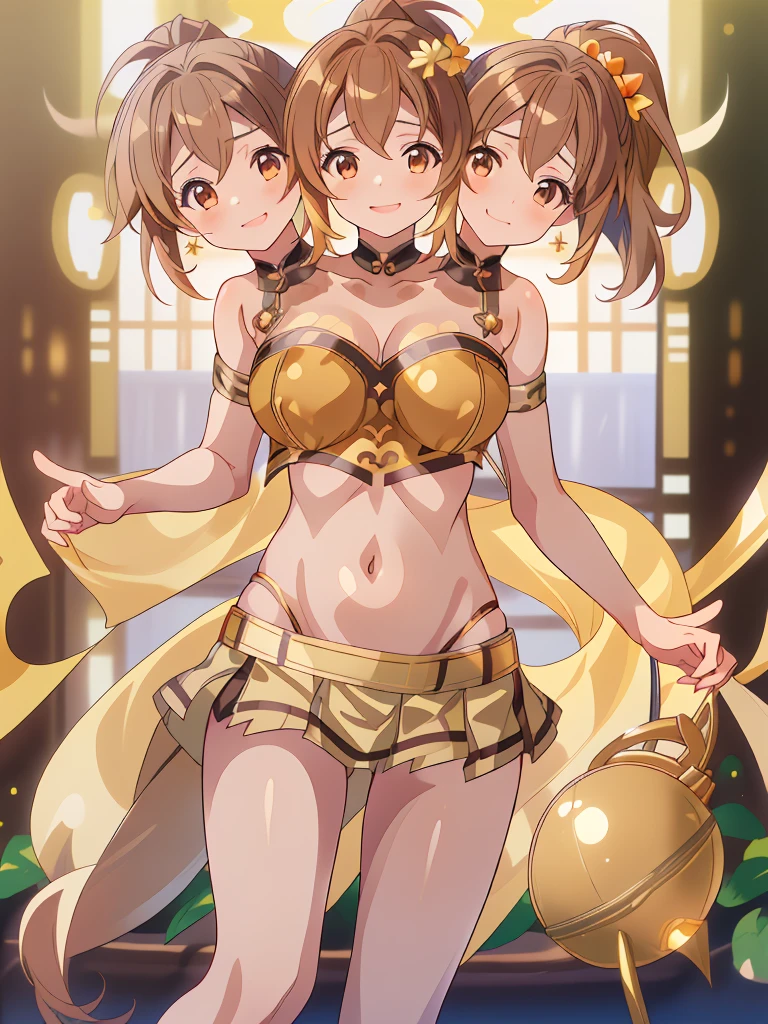 (masterpiece, best quality), best resolution, (3heads:1.5), 1girl, 16k resolution, highres, ultra quality, ultra resolution, ultra detail, FEDelthea, brown hair, ponytail, smiling, soft smile, open belly, gold-brown-white crop top, gold-brown miniskirt, swimsuit attire, open breasts, very huge breasts, sexy pose, adult woman, 
