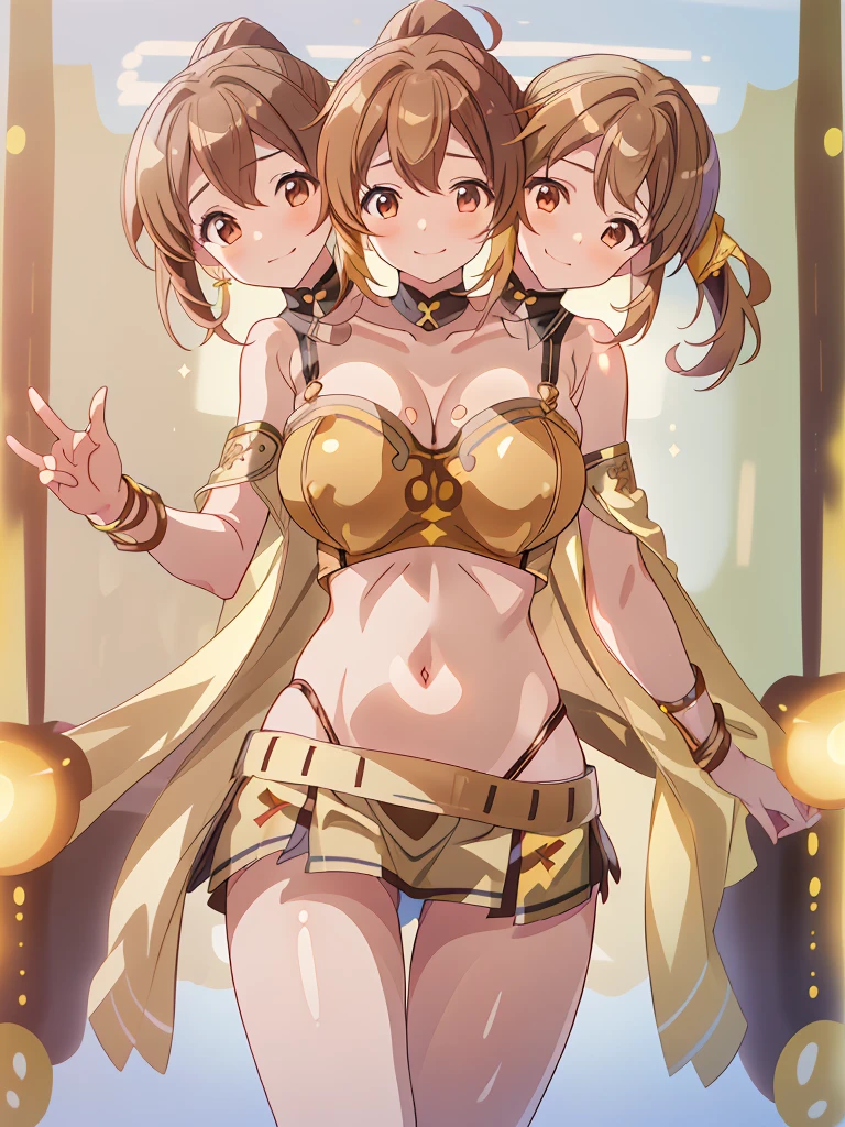 (masterpiece, best quality), best resolution, (3heads:1.5), 1girl, 16k resolution, highres, ultra quality, ultra resolution, ultra detail, FEDelthea, brown hair, ponytail, smiling, soft smile, open belly, gold-brown-white crop top, gold-brown miniskirt, swimsuit attire, open breasts, very huge breasts, sexy pose, adult woman, 
