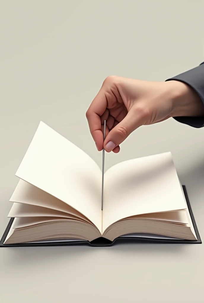 Just give me the outline of a book being sewn with a needle, super minimalist The book needs to be more defined, and the needle needs to appear