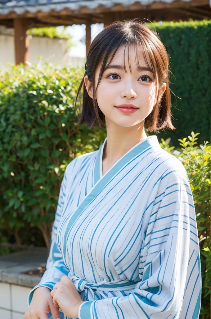 (natta:1.7), East Asian Architecture, 1woman, lying tatami mats, brunette color hair，（hair between eye）, Lip flap, ,Beautiful fingers,Beautiful long legs,Beauty Body，Cute nose，Beautiful character design，perfect  eyes，face perfect，looking at viewert，（Innocent_Big_Eyes：1.0），（light_Smile：0.3），offcial art，Very detailed CG Unity 8K wallpaper，Perfect litthing，highly colorful，Bright_front_Face_Lighting，（masterpiece:1.0),(best_quality:1.0), high resolution,4K,ultra - detailed, photography of, 8K, nffsw, hight resolution, absurderes:1.2, Kodak Portra 400, film grains, the background is blurred, Bokeh:1.2, Lens Flare Glow,  (Beautiful,Large_breasts), (Beautiful_Face:1.5),(lying),8K,Raw photo, 、Relax at a ryokan in Japan、The background is the open-air bath at night at a hot spring inn, (Girls are not subjects:1.3), (Hair after a bath:1.3),(Hair is wet:1.3), ((Girls are not subjects:1.2)),((Draw a wide night background:1.2),((Yukata with light blue stripes isolated on white background:1.3)),((Yukata does not need gloss at all:1.5)),((No need for a Korean yukata or Korean-style hairstyle.:1.5)),((Faithfully and realistically reproduce a pure Japan yukata:1.5)),(deep blue Band:),(cloth off),((The background is large and beautiful gardens:1.3)),((8th class)), ((Beautiful shiny straight short long:1.5)) ,sixteen years old,((Beautiful shiny straight short long:1.5)),
