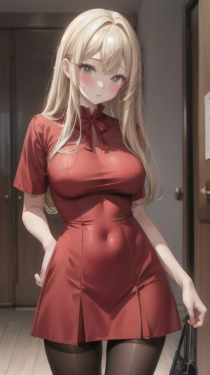 (masterpiece, best quality), 1girl, blonde hair, red dress, pantyhose, cute face, blush,