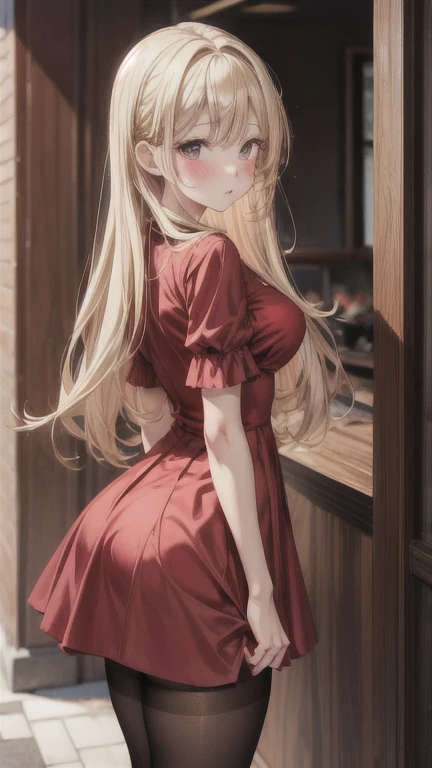 (masterpiece, best quality), 1girl, blonde hair, red dress, pantyhose, cute face, blush,