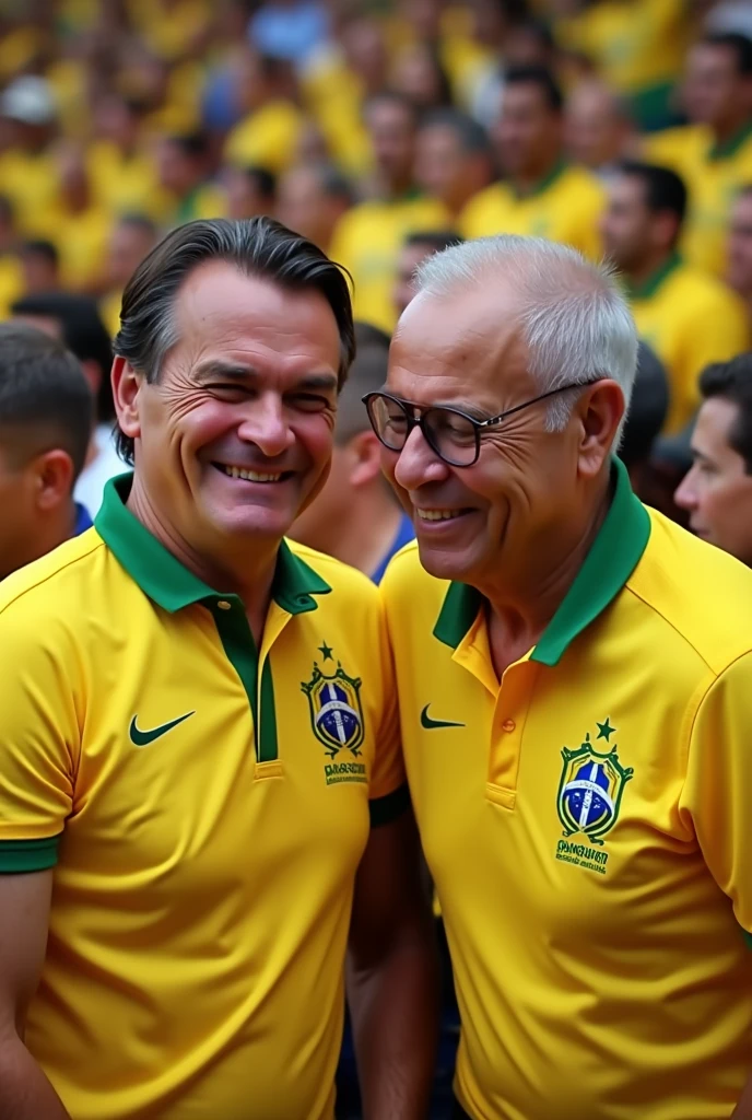 "Create an image of Jair Bolsonaro smiling and Luiz Inácio Lula da Silva standing next to him, crying. In the background, there are many people wearing yellow Brazilian shirts. The scene should convey a contrast between Bolsonaro's joyful expression and Lula's sorrowful one, with a vibrant crowd in Brazilian colors adding depth to the composition."
