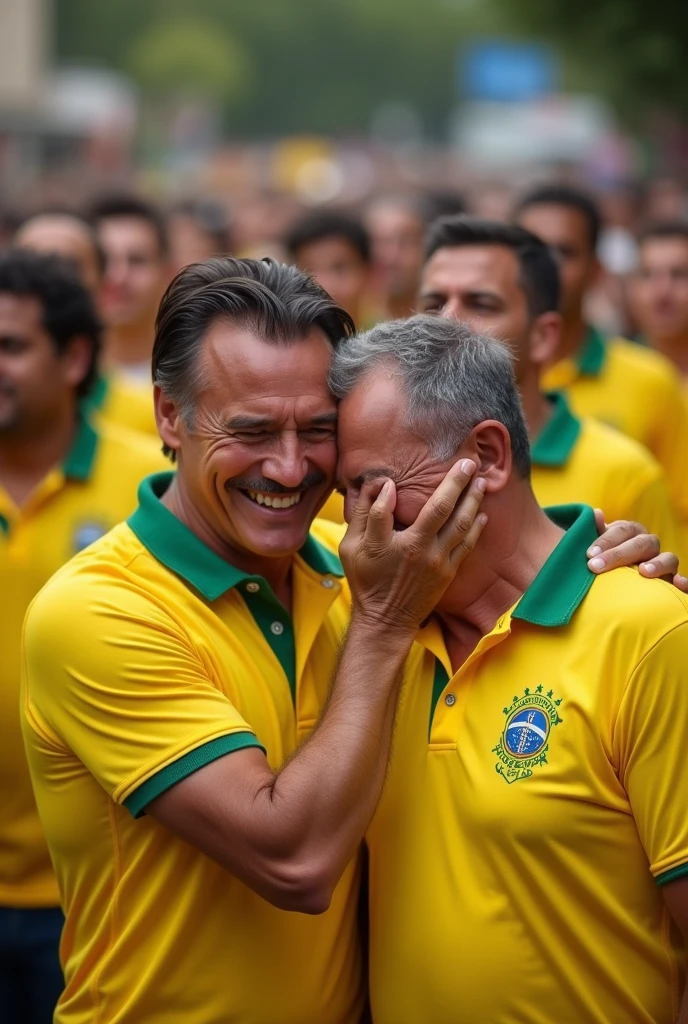 "Create an image of Jair Bolsonaro smiling and Luiz Inácio Lula da Silva standing next to him, crying. In the background, there are many people wearing yellow Brazilian shirts. The scene should convey a contrast between Bolsonaro's joyful expression and Lula's sorrowful one, with a vibrant crowd in Brazilian colors adding depth to the composition."
