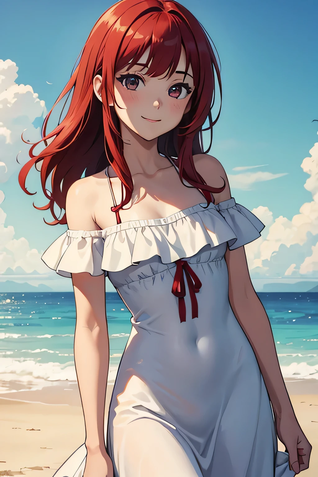 Highest quality,masterpiece,Ultra-high resolution,One girl,alone,fine,Red Hair,smile,White ruffle off the shoulder maxi dress,Small breasts,Early s,cowboy shot,beach background