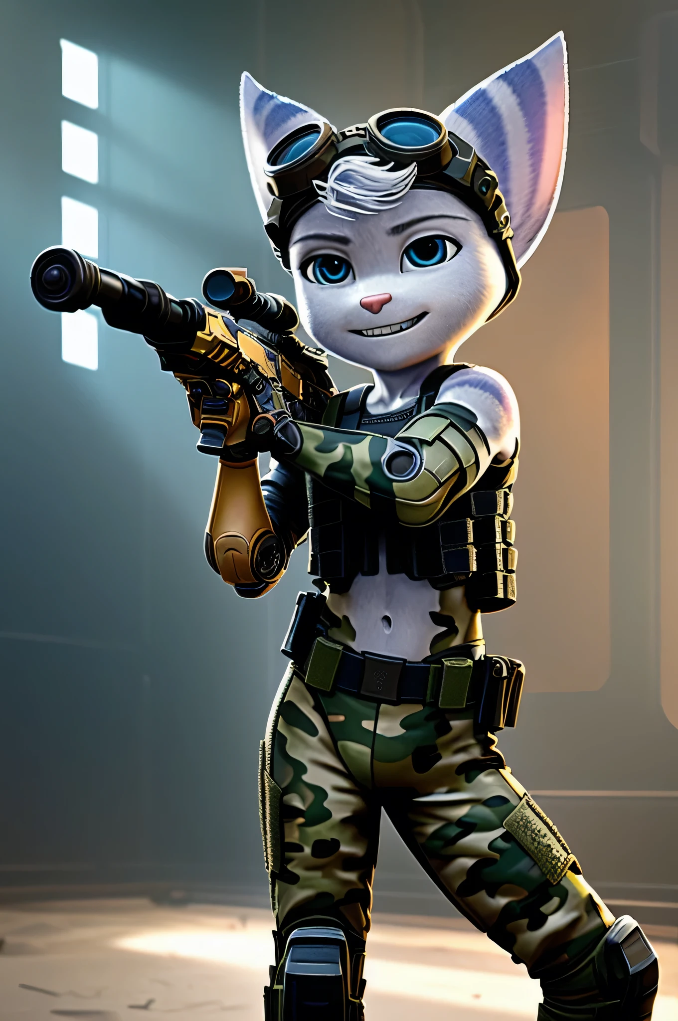 Rivet, (((lombax))), ((lombax ears)), female, small, (petite), (((tail))), furry, 1girl, young, solo, (yellow cybernetic protease on the right shoulder), ((tight fitting military camouflage soldier gear and outfit)), ((wielding assault rifle)), ((gear belt with pistol and granates)), ((bulletproof soldier vest)), detailed body fur, detailed body, detailed eyes, detailed face, athletic, skinny, high quality, masterpiece, small breasts, (goggles), :D, looking at you, full body, ((good lighting on crotch)), (aroused), (horny), (bedroom eyes),