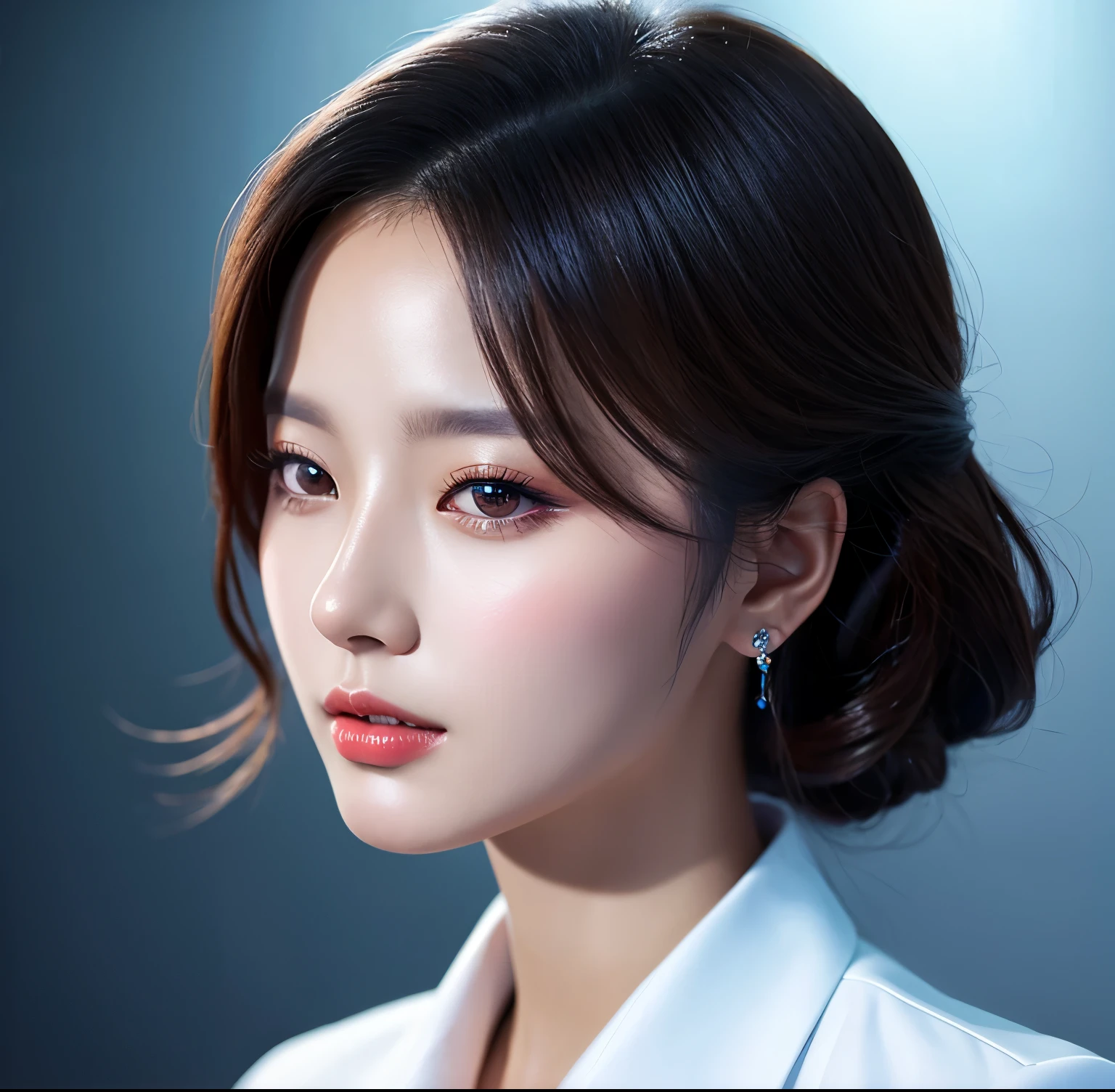 Close up portrait of woman in blue suit and white shirt, Elegant digital art, High-quality portraits, Shiny digital painting, Digital Art Images, Beautiful digital art, Elegant digital painting, Portraits of Korean female idols, Beautiful digital painting, Realistic cute girl drawing, high quality digital painting, TWICE&#39;s Tzuyu, Professional Profile Photo, Korean Girls