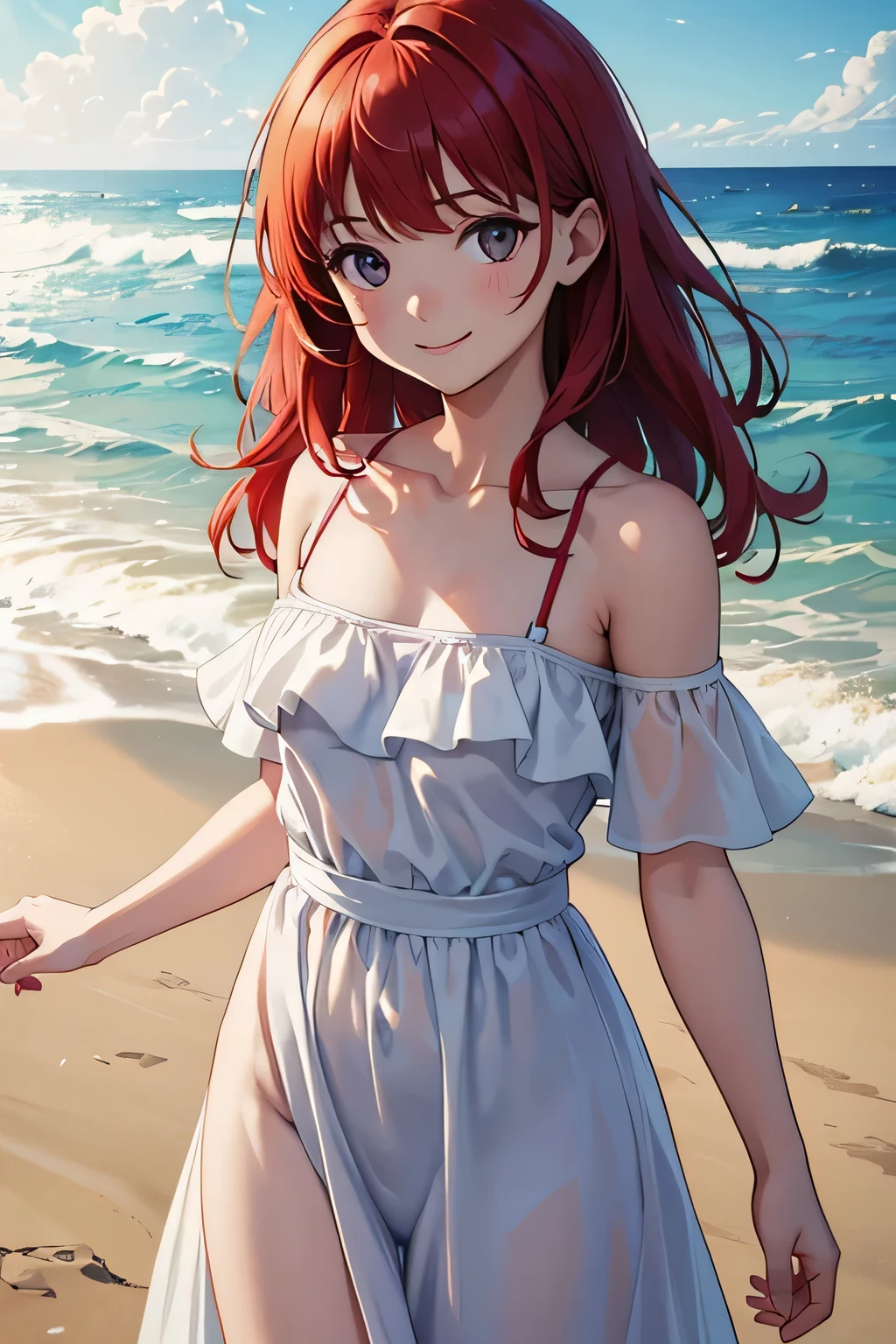 Highest quality,masterpiece,Ultra-high resolution,One girl,alone,fine,Red Hair,smile,White ruffle off the shoulder maxi dress,Small breasts,Early teens,cowboy shot,beach background