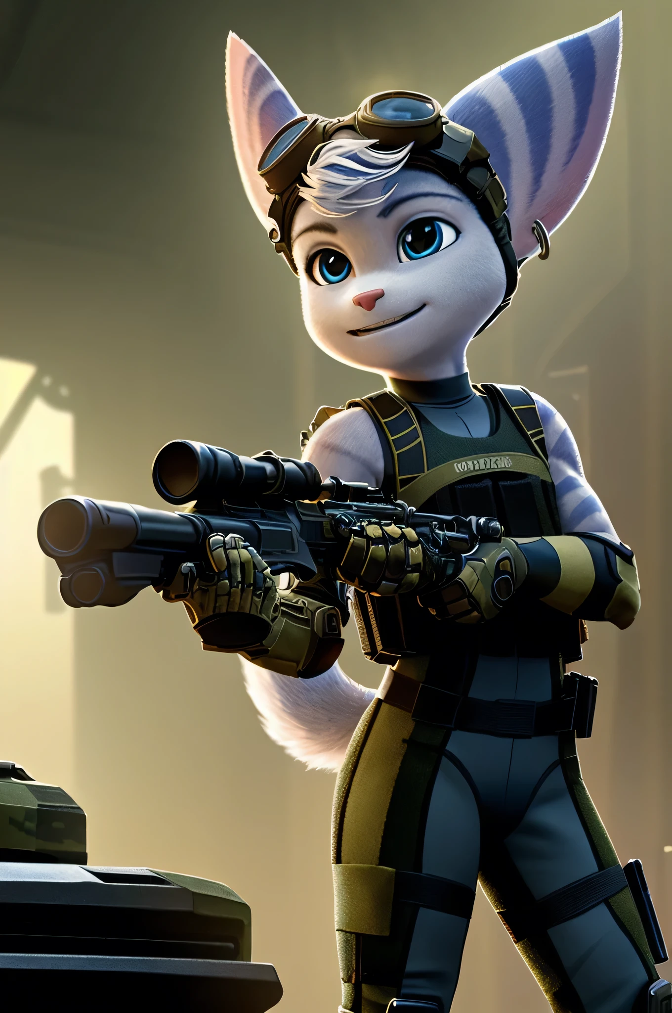 Rivet, (((lombax))), ((lombax ears)), female, small, (petite), (((tail))), furry, 1girl, young, solo, (yellow cybernetic protease on the right shoulder), ((tight fitting military camouflage soldier gear and outfit)), ((wielding assault rifle)), ((gear belt with pistol and granates)), ((bulletproof soldier vest)), detailed body fur, detailed body, detailed eyes, detailed face, athletic, skinny, high quality, masterpiece, small breasts, (goggles), :D, looking at you, full body, ((good lighting on crotch)), (aroused), (horny), (bedroom eyes),