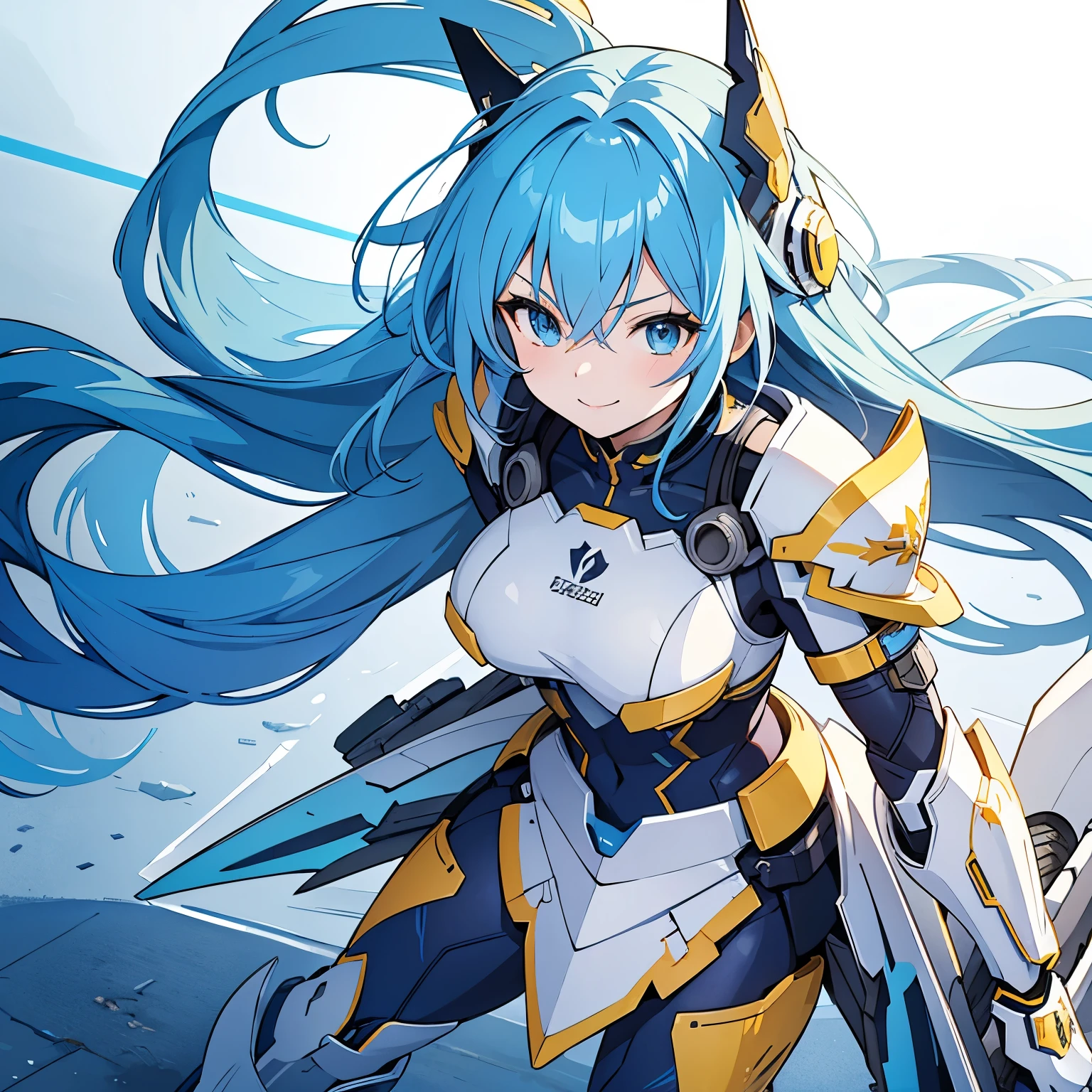 Blue Hair, Long Hair, Yellow hair, Smile, Female, Anime Girl, White Armored Gear, Gear Mode, Battle Mode, Sexy styles, Beautiful, Illustration, HD, Anime