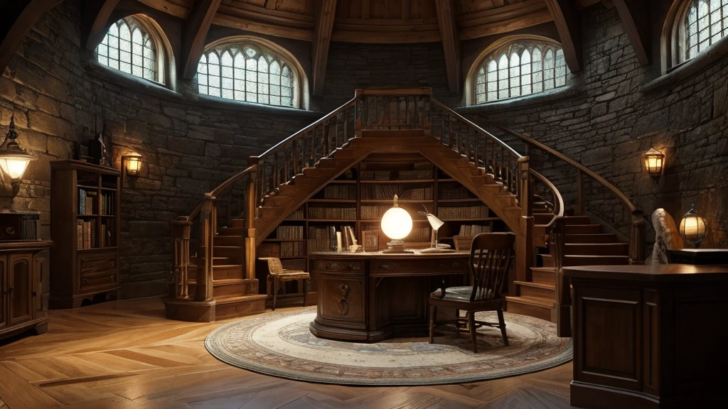 dim,Moody,night,Circular Room,round,Stone wall,Wooden bookshelf on the wall,A small circular space for a telescope at the back,Classic wooden desk in the center,Wooden pointed back chair,Classic lantern with quill pen and parchment on a desk,A landing at the top of a short staircase,Gwartz,Harry Potter Cinematic Universe,Harry Potter Fan Art,Harry Potter inspired,High reproducibility,Dumbledore&#39;s Office