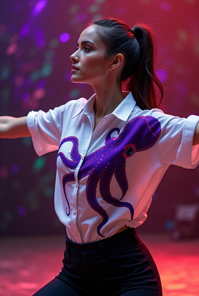 a female dance outfit, with a button-down blouse with an octopus symbol on the chest in purple