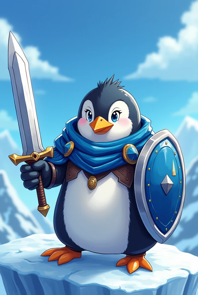 warrior penguin holding a sword and shield wearing blue metal armor with a glacier background in anime style