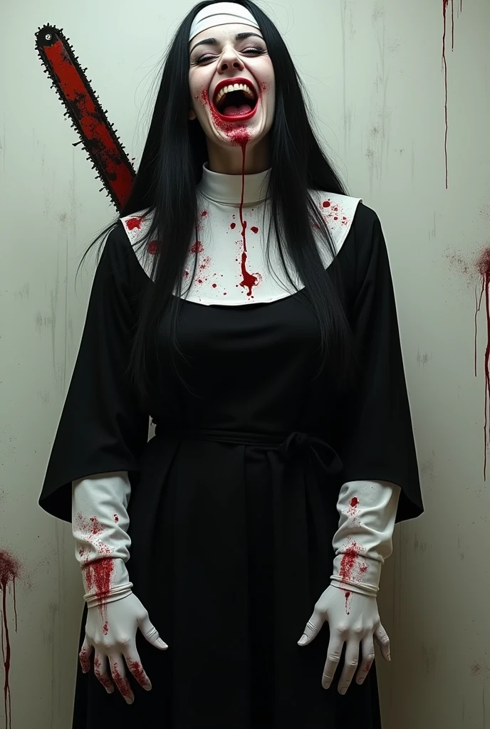 Very Tall white female,black bloody nun outfit,long white gloves,long black hair, insane expression,splattered with blood,bloody chainsaw behind in her hands behind her,laughing hard and chaotically