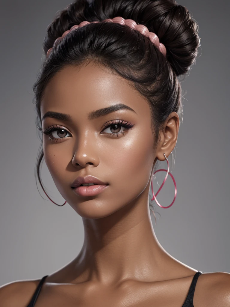 woman, face, model, close up, front, symmetry, african, pink blush, pinterest, makeup, glossy lips, sexy lips, hair bun, glossy skin, oily skin, grey background, UHD, masterpiece, accurate, anatomically correct, textured skin, super detail, high details, high quality, award winning, best quality, highres, HD, 16k