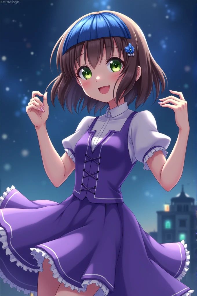 Anime girl with brown hair and blue bangs with green eyes and wearing a purple dress dancing at night