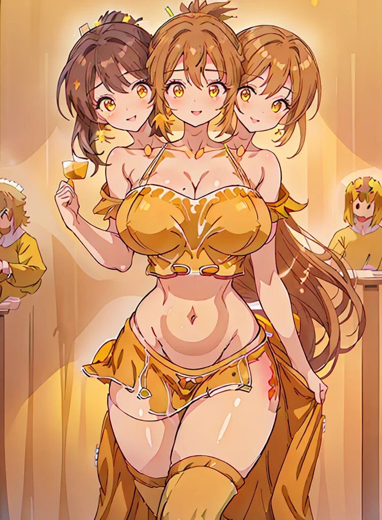 (16K), ((three headed woman)), smiling, highres, masterpiece, ((brown hair)), cleavage, large breasts, ((mustard dress:1.5)), lustrous and smooth skin, (mature woman), seductive silhouette, ((crop top)), sexy proportions, Beautiful girl with accentuated slender abs, seductive woman, ((party background)), necklace, mustard miniskirt, miniskirt, open belly, exposed midriff, strapless, sleeveless, yellow eyes, beautiful eyes, ((long bushy ponytail)), ((gala)), cowboy shots, very big breasts, huge breasts, open belly, exposed midriff