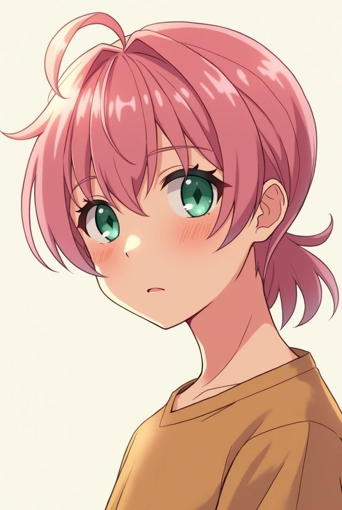 Create an anime boy with pink hair tied in a half ponytail, slightly tanned skin and dark green eyes