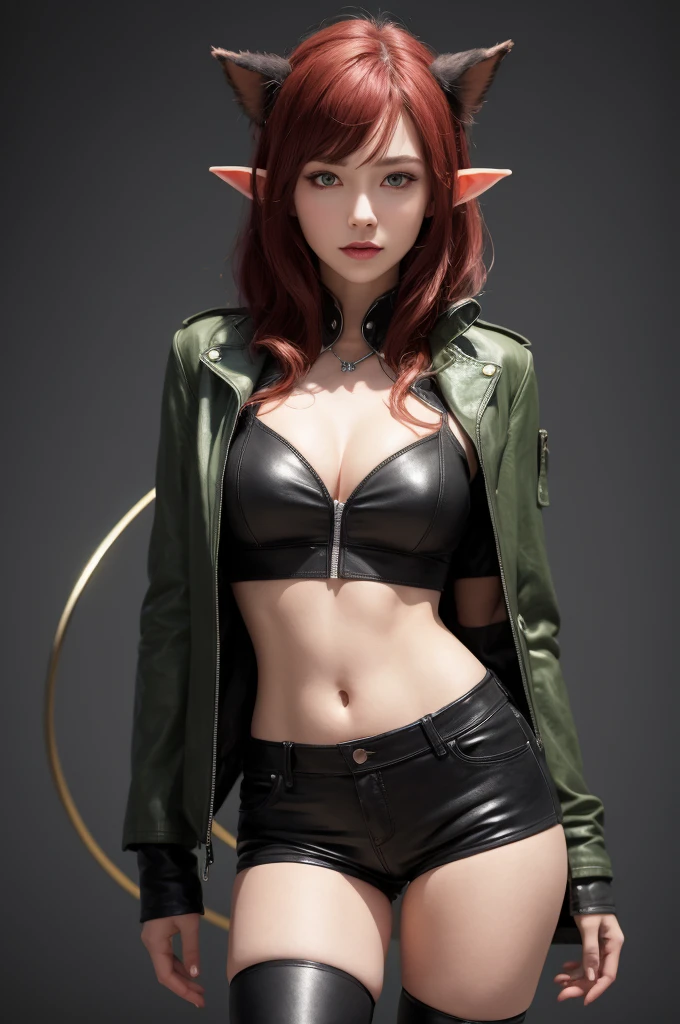 1girl, katarina from league of legends, star eye, blush, perfect illumination, red hair, green eyes, unreal engine, sidelighting, detailed face, bangs, bright skin, simple background, dark background, leather armor, midriff exposed, elf ears, Work Siren, tattoo on side of stomach, thigh high, medium shorts, happy, Black jacket,