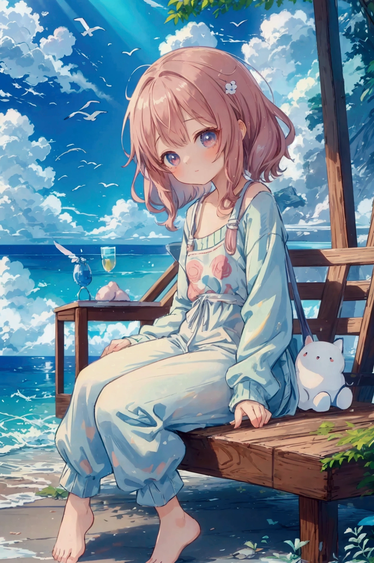 [Core Concept] A delightful anime-inspired figurine depicting a charming young woman in cozy, casual loungewear.

[Character Description] The figurine showcases a , youthful anime-style girl with large, expressive eyes, rosy cheeks, and a gentle, friendly expression. Her hair is styled in a cute, slightly messy manner, adding to her endearing, relaxed appearance.

[Environment/Background] The figurine is set against a simple, minimalist background, allowing the focus to remain entirely on the captivating character design.

[Style and Atmosphere] The overall style is warm and inviting, with a soft, pastel color palette and a sense of whimsical, playful charm. The atmosphere evokes a sense of comfort and relaxation.

[Composition] The figurine is posed in a casual, lounging position, one leg tucked beneath her as she sits comfortably, creating a natural, at-ease pose.

[Details and Embellishments] The figurine's loungewear consists of a cozy-looking oversized sweater or cardigan, complemented by a pair of matching, plush-looking pajama bottoms. Small, delicate details such as the folds and textures of the fabric add to the realism and tactile quality of the design.

[Technical Specifications] The figurine is crafted with a high level of detail and precision, utilizing advanced techniques to capture the delicate features and expressive qualities of the anime-inspired character design.