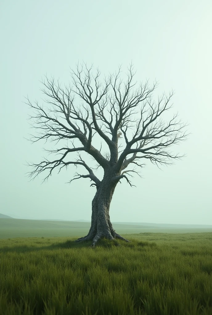 A lonely, withered tree in a vast field