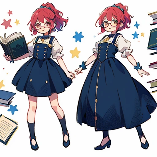 2 girls, mother big, daughter small, Books, (masterpiece, highest quality),(Detailed Hair), ((glasses)), Super detailed, Anime Style, whole body, cute, whole bodyきぐるみ, red hair with ponytail mother, blue haired daughter,yellow eyes mother, pink eyes daughter,ponytail mother, short hair daughter,Digital Painting, 8K High Resolution, whole body, White Background, Dynamic pose, Dynamic composition, smile, pastel colour, stars, (motherly figure), mother and daughter