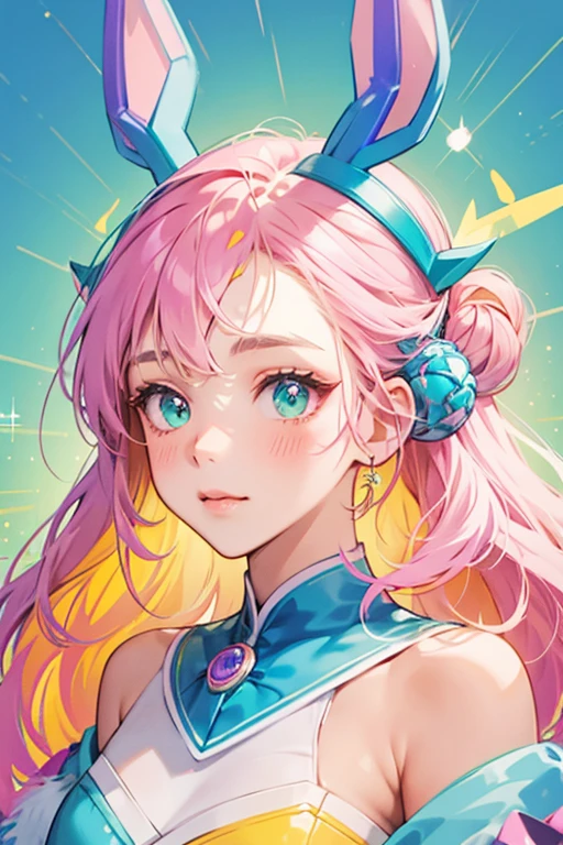 Brite is a blue girl deer with pink ears and tan around their nose and mouth. her antlers are covered in a colorful pattern of purple, yellow, pink, green and blue. she have yellow blush on her cheeks. SPARKLE; GLITTER