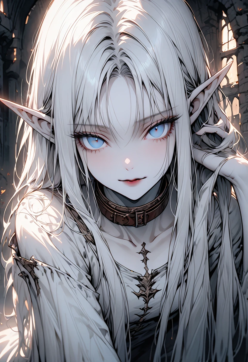 solo, female, cowboy shot, elf, pointed ears, pale skin, white hair, collar, tall, ethereal beauty, slender, lithe frame, long straight hair, cold blue eyes, serene elegance, haunted expression, fragile appearance, quiet dignity, medieval, simple tattered clothes, calm, warm light, looking at viewer, gentle smile, leaning forward, adjusting hair