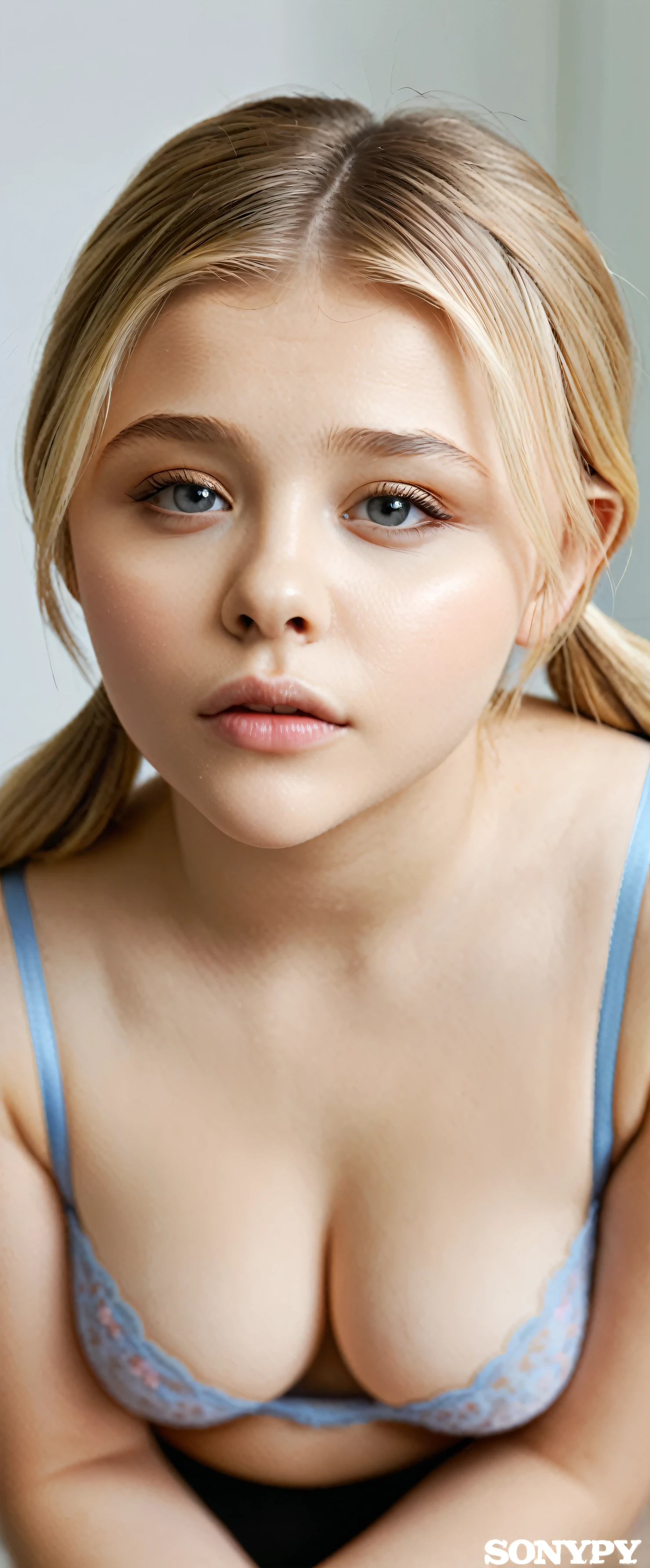 Symmetrical, High Detail RAW Color Photo Professional Photo, [:( High Detail Face: 1.2): 0.1], chloe grace moretz, pores, real skin, large breast focus, shining eyes, looking at the audience, shadow, bloom, natural lighting, hard focus, film grain, photographed with a Sony a9 II Mirrorless Camera, realistic, post-processing, maximum detail, beautiful thin blonde teen, large perky breasts, full body picture, panties, pig tails