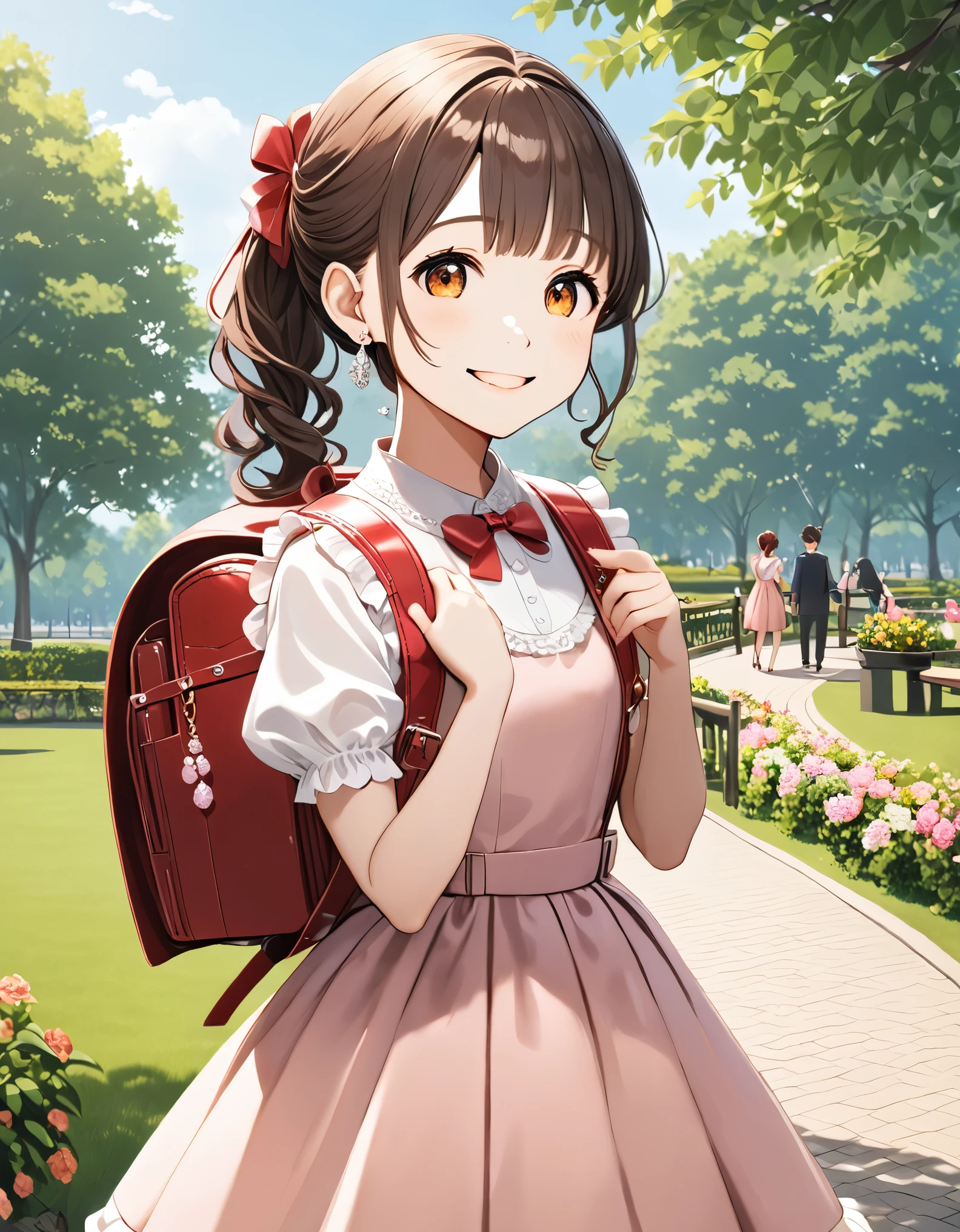 Masterpiece, hd, 1girl, best quality, brown hair, medium hair, ponytail, hair ribbon, earrings, jewelry, wearing party dress, (party dress:1.2), cute dress, frilly dress, short sleeves, bowtie, hair ornaments, smile, happy, standing, outdoor, park, daytime, wearing randoseru backpack, (backpack:1.2)