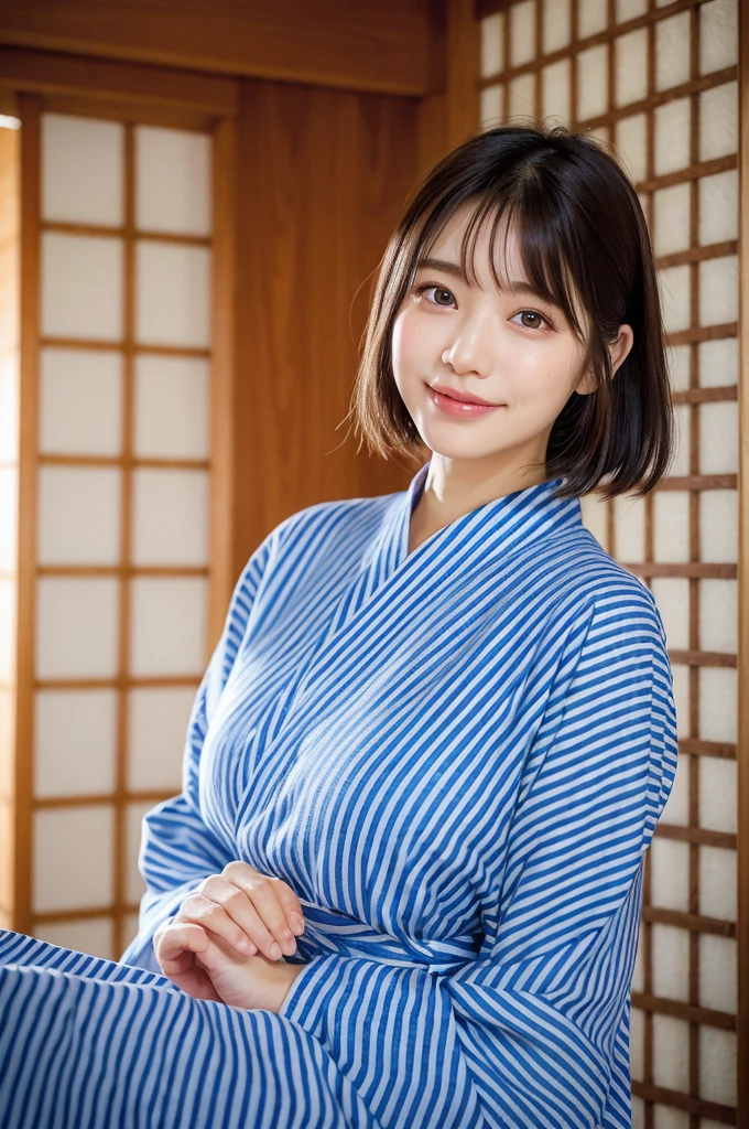 (natta:1.7), East Asian Architecture, 1womanl,Sitting on tatami mats, brunette color hair,(hair between eye), Lip flap, ,Beautiful fingers,Beautiful long legs,Beauty Body,Cute nose,Beautiful character design,perfect eyes,face perfect,looking at viewert,(Innocent_Big_Eyes:1.0),(light_Smile:0.3),offcial art,Very detailed CG Unity 8K wallpaper,Perfect litthing,highly colorful,Bright_front_Face_Lighting,(tmasterpiece:1.0),(best_quality:1.0), 超A high resolution,4K,ultra - detailed, photography of, 8K, nffsw, hight resolution, absurderes:1.2, Kodak Portra 400, film grains, the background is blurred, Bokeh:1.2, Lens Flare Glow, ( Vibrant_Color:1.2) (Beautiful,Large_breasts:1.4), (Beautiful_Face:1.5),(narrow_waist-up),((full body)),8K,Raw photo, 、Relax at a ryokan in Japan、The background is the open-air bath at night at a hot spring inn (Girls are not subjects:1.3) (Hair after a bath:1.3),(Hair is wet:1.3) ((Girls are not subjects:1.2))((Draw a wide night background:1.2),((Yukata with light blue stripes isolated on white background:1.3)),(Yukata does not need gloss at all:1.5)),((No need for a Korean yukata or Korean-style hairstyle.:1.5)),((Faithfully and realistically reproduce a pure Japan yukata:1.5))((Light Pink Band:1.3)),((The background is the entrance living room、At night, Overlooking the inn's large and beautiful gardens..:1.3)),((8th class))、((Light Pink Band:1.5)) ((Beautiful shiny straight short long:1.5)) sixteen years old、((Beautiful shiny straight short long:1.5))((Pink band:1.3))