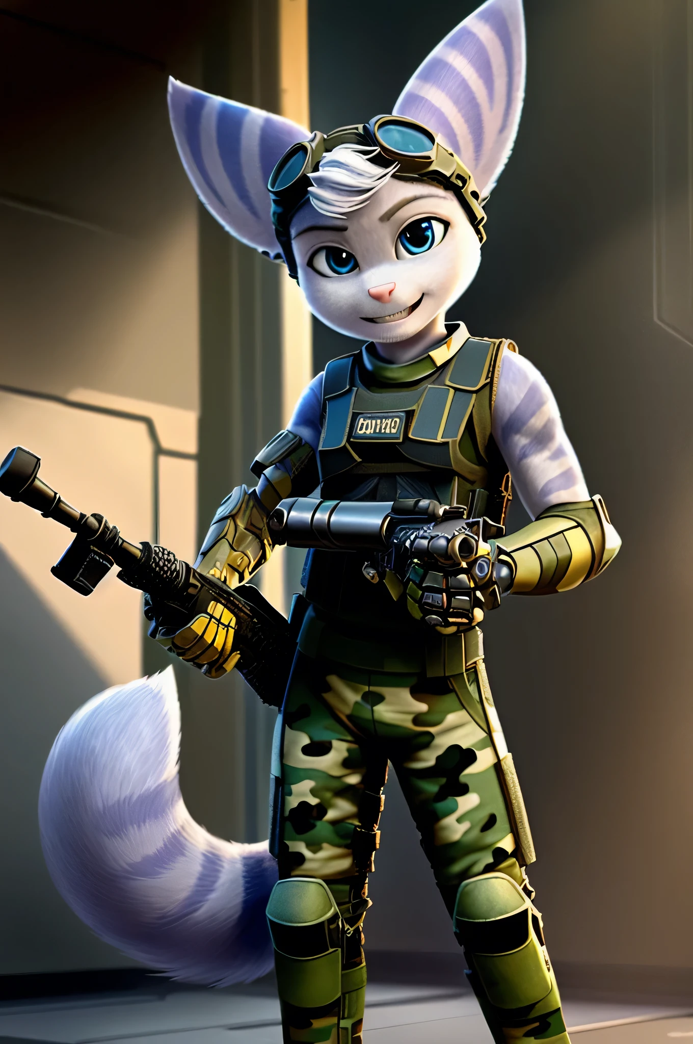 Rivet, (((lombax))), ((lombax ears)), female, small, (petite), (((tail))), furry, 1girl, young, solo, (yellow cybernetic protease on the right shoulder), ((military camouflage soldier gear and outfit)), ((wielding assault rifle)), ((gear belt with pistol and granates)), ((bulletproof soldier vest)), detailed body fur, detailed body, detailed eyes, detailed face, athletic, skinny, high quality, masterpiece, small breasts, (goggles), :D, looking at you, full body, ((good lighting on crotch)), (aroused), (horny), (bedroom eyes),