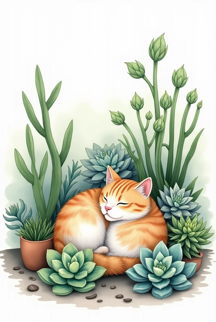 Watercolor drawing of a lying cat and succulents