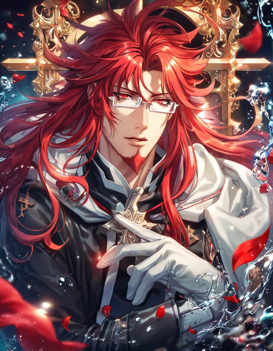 absurdres, highres, ultra detailed, HDR, master piece, Marian Cross, red hair, long hair, messy hair, red goatee, expressive red eyes, rectangular glasses, black coat, white gloves, D.Gray-man, sexy man, handsome, best quality, red glittering crescent moon, red flowers, fantasy, magical, solo, water, red shining fireflies, red petals, sensual, horny, cross