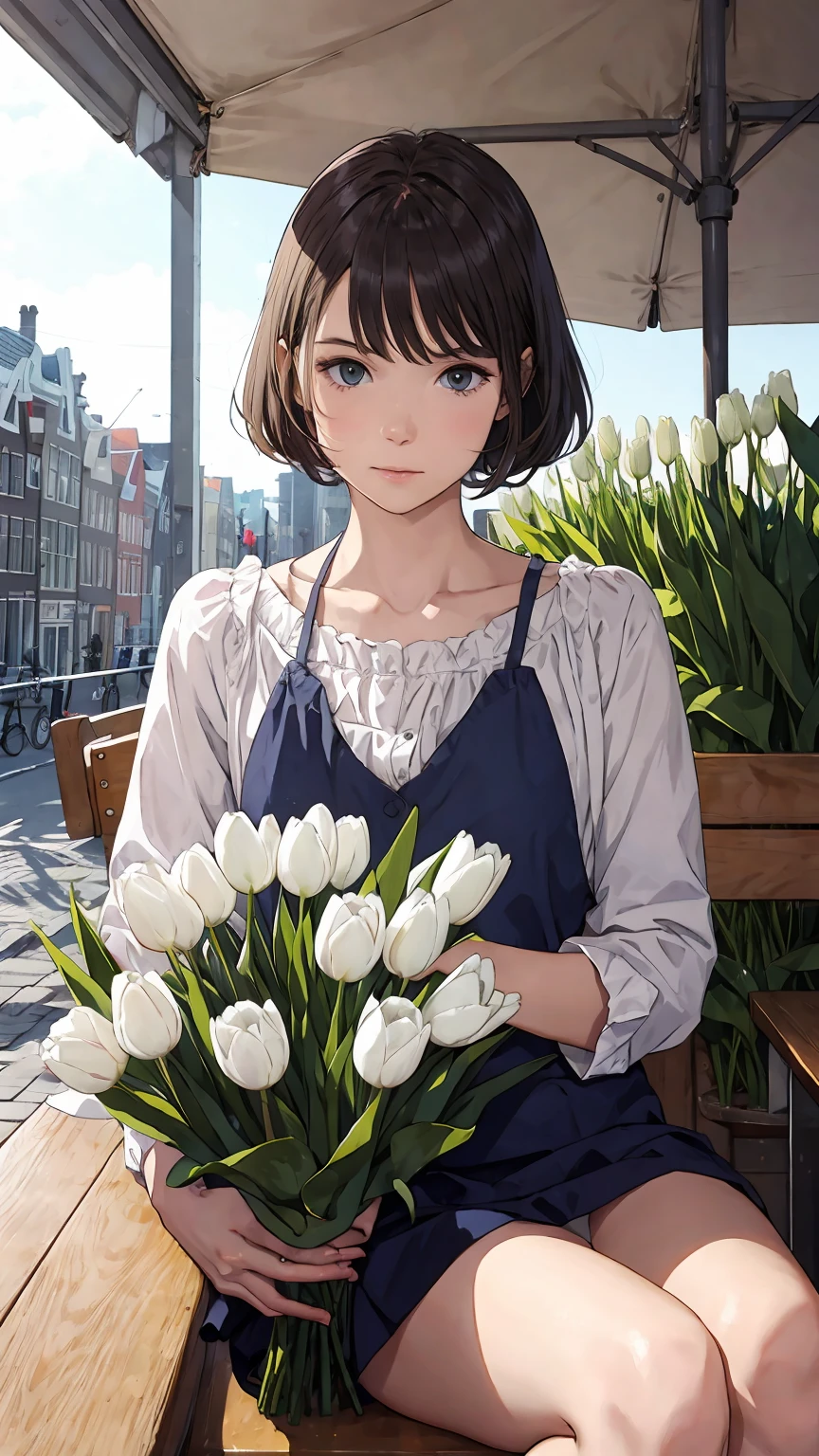 Sitting in a cafe in Amsterdam、Beautiful assassin holding a bouquet of white tulips, morning, Anime illustration, Realistic