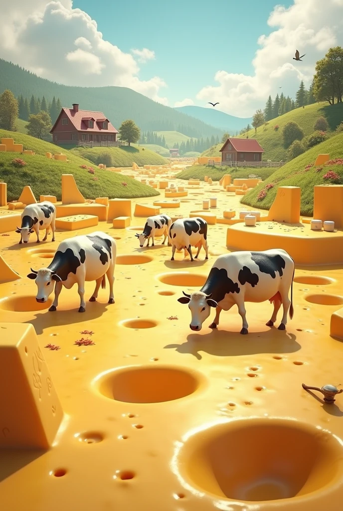 Cows on the surface of the cheese world around it Various dairy products and farm background
