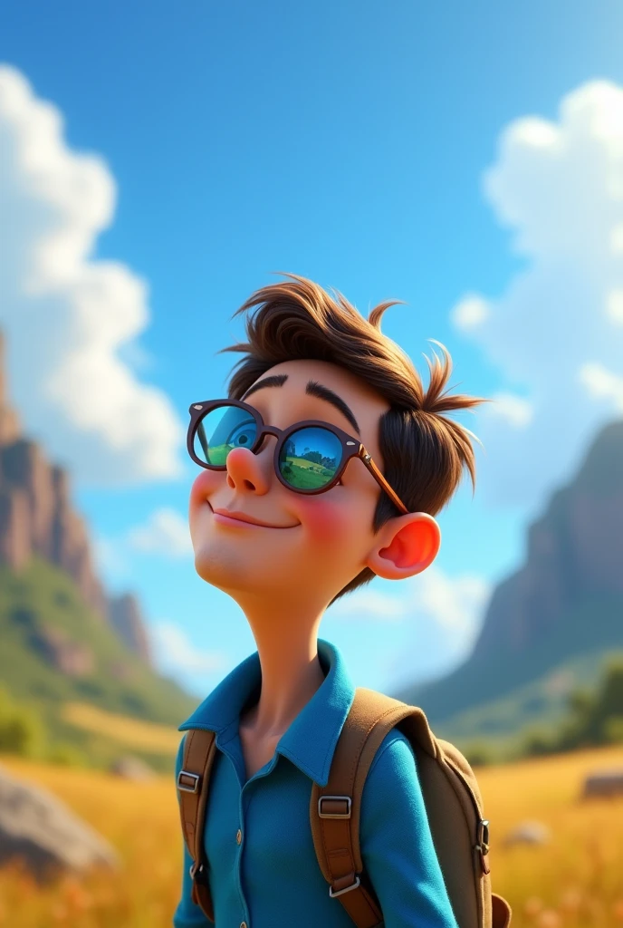 Disney Pixar style man with blue shirt and sunglasses with reflection looking at the horizon 